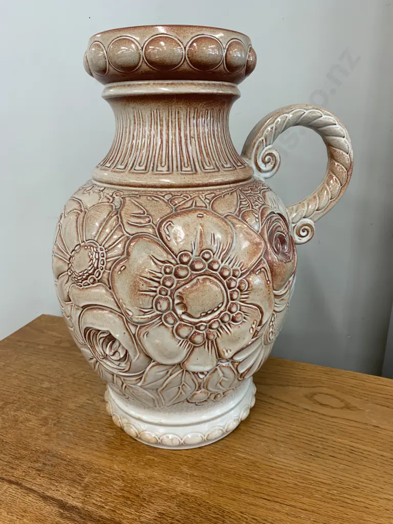 Stunning Large Vintage West German Pottery Floor Vase With Handle, Ornate Floral Detail, Stamped 487-47, H48cm Image 1++
