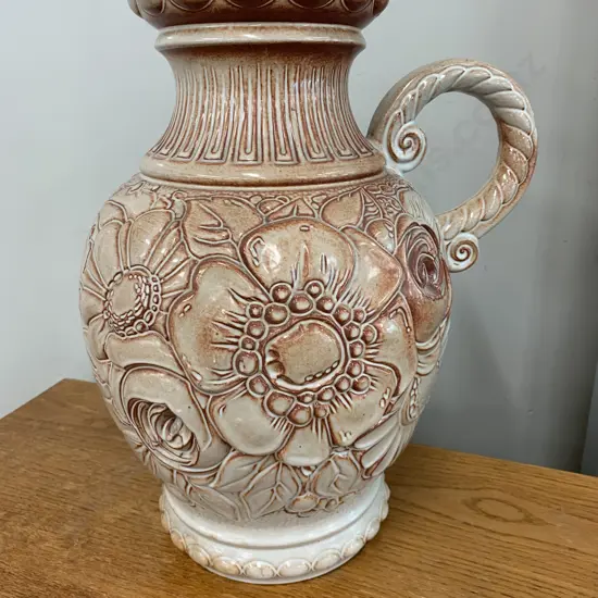 Stunning Large Vintage West German Pottery Floor Vase With Handle, Ornate Floral Detail, Stamped 487-47, H48cm