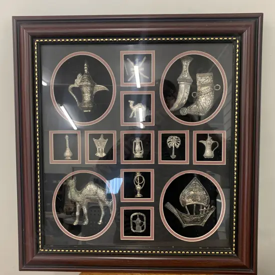 Mahogany Stained Framed Box Picture Of Miniature Items