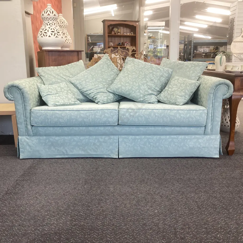Leaf Patterned Spearmint Colour Fabric 3 Seater Couch, H74 W200 D88cm Image 1++