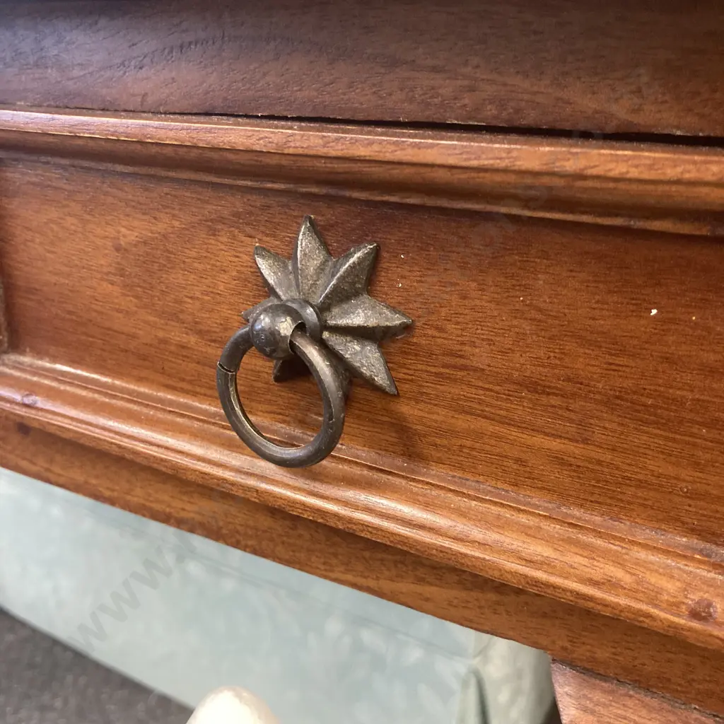 Teak Hall Table, 3 Drawer With Bowed Middle Drawer, Original Handles, H76 W120 D49cm Image 1++