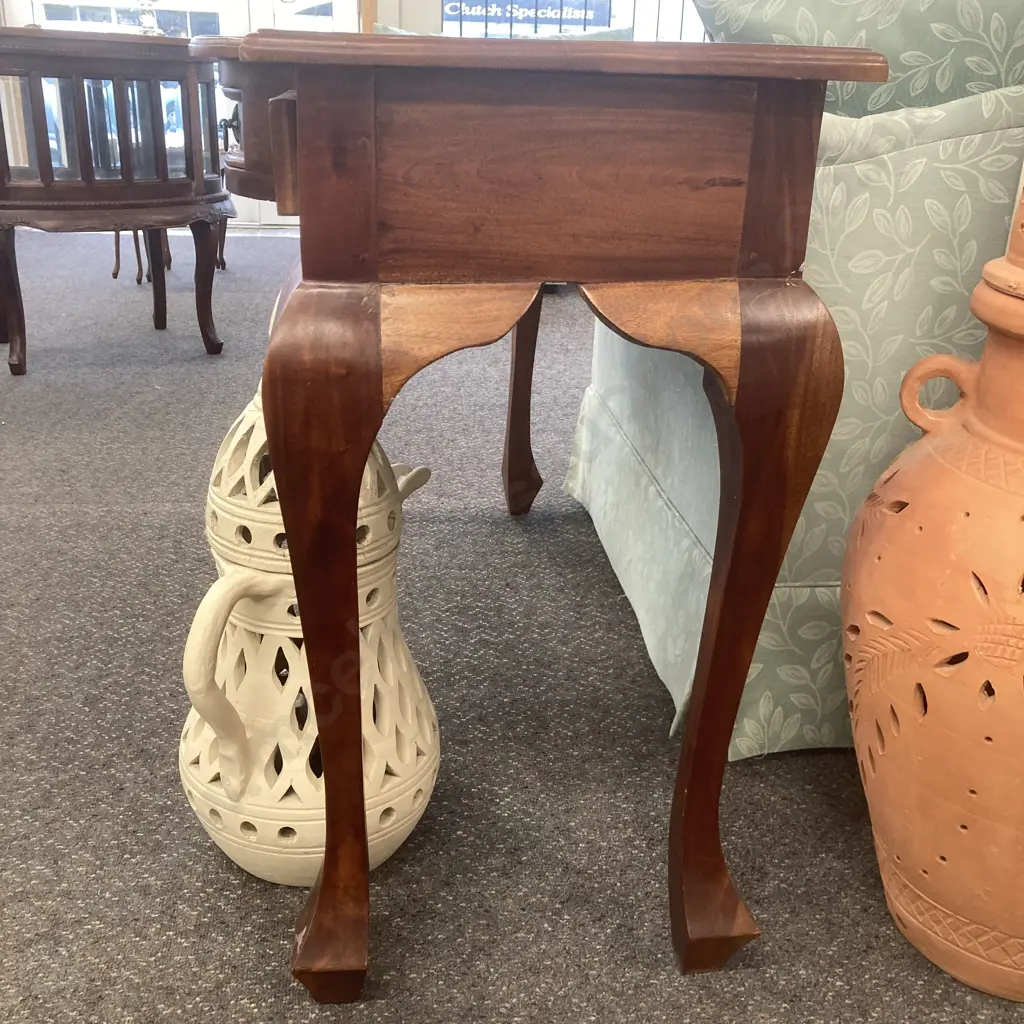 Teak Hall Table, 3 Drawer With Bowed Middle Drawer, Original Handles, H76 W120 D49cm Image 1++