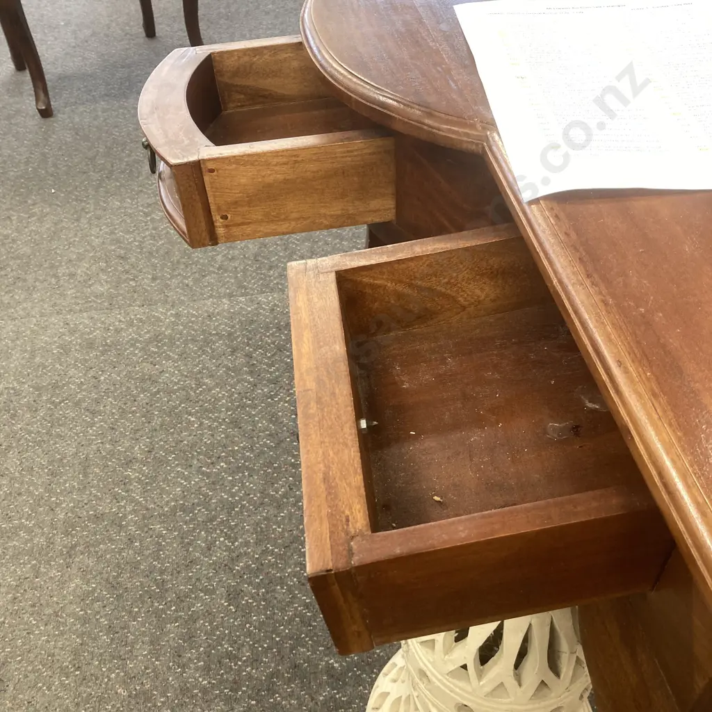 Teak Hall Table, 3 Drawer With Bowed Middle Drawer, Original Handles, H76 W120 D49cm Image 1++