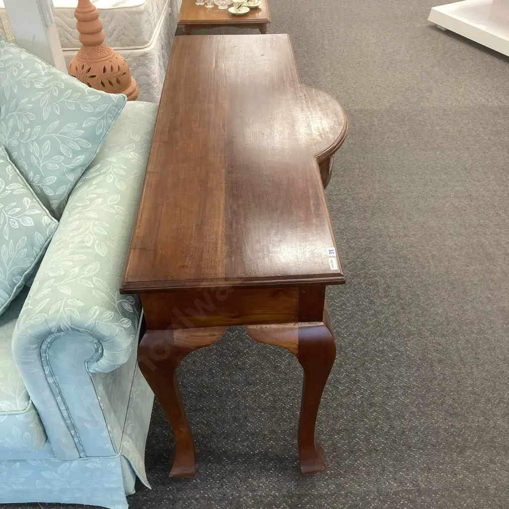 Teak Hall Table, 3 Drawer With Bowed Middle Drawer, Original Handles, H76 W120 D49cm Image 1++