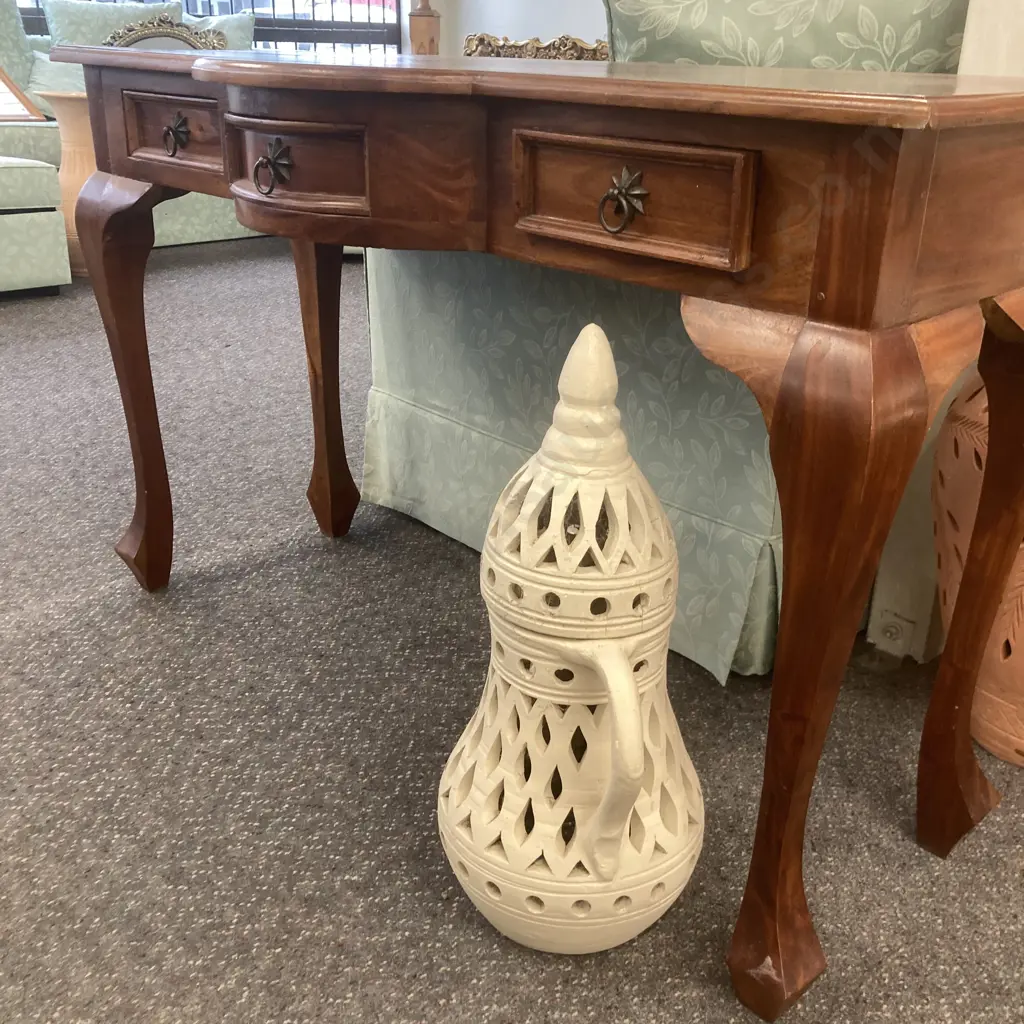 Teak Hall Table, 3 Drawer With Bowed Middle Drawer, Original Handles, H76 W120 D49cm Image 1++