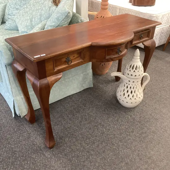 Teak Hall Table, 3 Drawer With Bowed Middle Drawer, Original Handles, H76 W120 D49cm