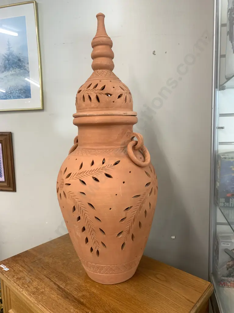 Oman Pottery Double Handled Lidded Terracotta Urn (One Handle Broken) Image 1++