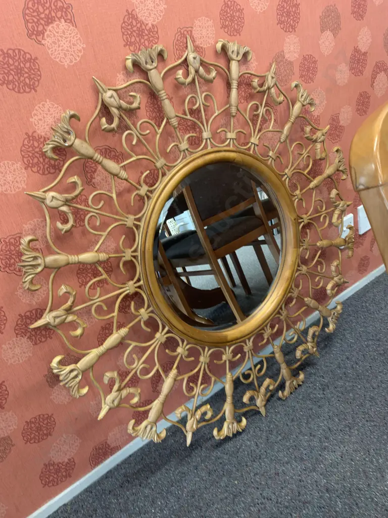 Stunning Round Ornate Metal / Wooden Bevelled Edge Mirror Tan Colour Image 1++