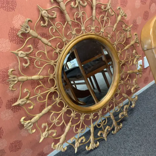 Stunning Round Ornate Metal / Wooden Bevelled Edge Mirror Tan Colour