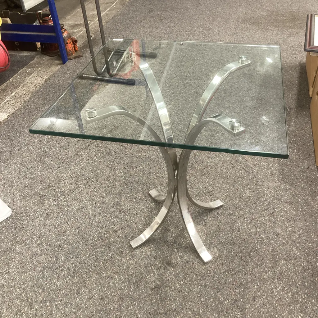 Square Glass Top Occasional Table On Polished Steel Curved Base, H56 W53 D53cm Image 1++
