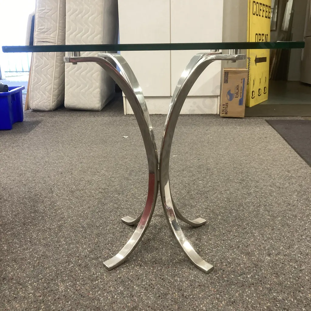 Square Glass Top Occasional Table On Polished Steel Curved Base, H56 W53 D53cm Image 1++