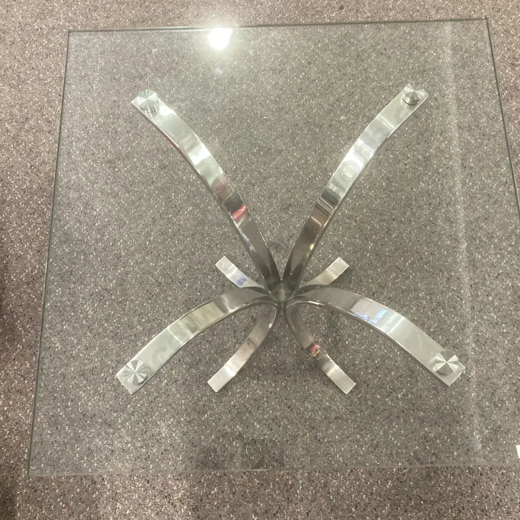 Square Glass Top Occasional Table On Polished Steel Curved Base, H56 W53 D53cm Image 1++