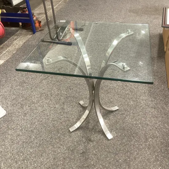 Square Glass Top Occasional Table On Polished Steel Curved Base, H56 W53 D53cm