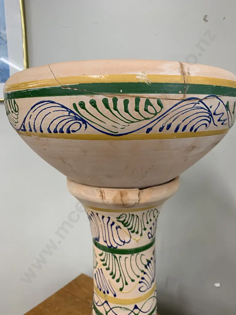 Green & Blue Swirl Terracotta Planter On Pedestal, H66cm (AF to Rim of Both Pieces) Image 1++