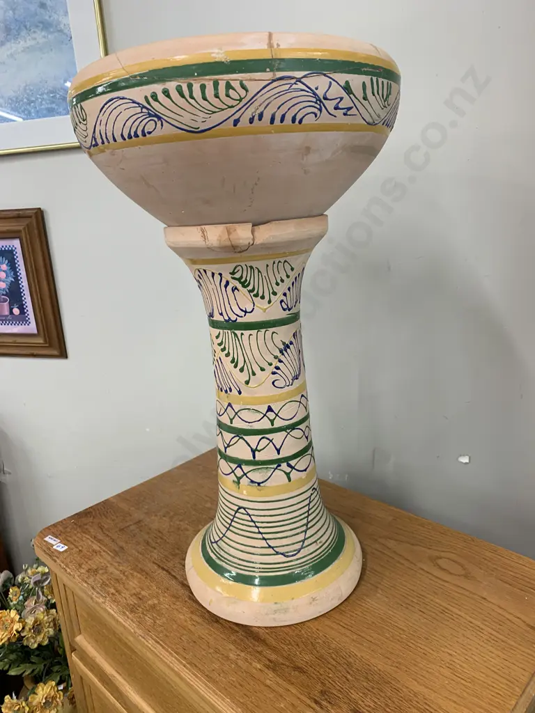 Green & Blue Swirl Terracotta Planter On Pedestal, H66cm (AF to Rim of Both Pieces) Image 1++