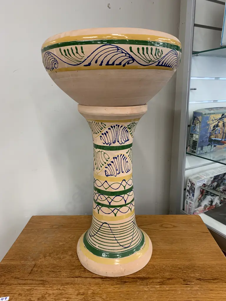 Green & Blue Swirl Terracotta Planter On Pedestal, H66cm (AF to Rim of Both Pieces) Image 1++