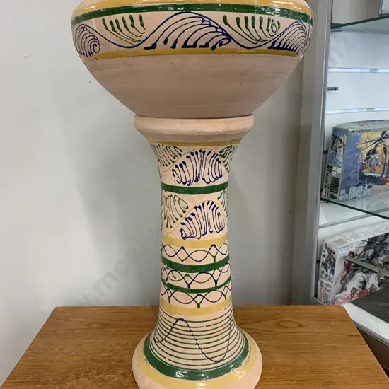 Green & Blue Swirl Terracotta Planter On Pedestal, H66cm (AF to Rim of Both Pieces)