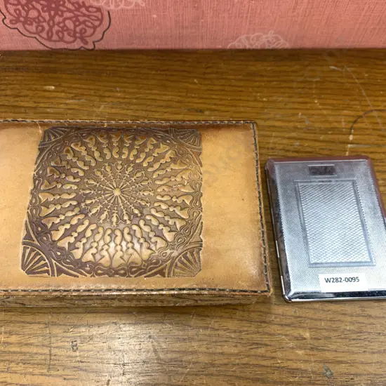 Vintage Leather Carved Jewellery Box H6 W18 D12cm & English Kincraft Cigarette Case H5 W18 D12cm