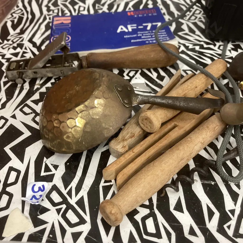 Vintage Horn Corkscrew, Iron Spike, Inkwell Inner, Wood Pegs, Wax Melting Cup, Brass Sugar Scoop, White Horse Miniature Image 1++