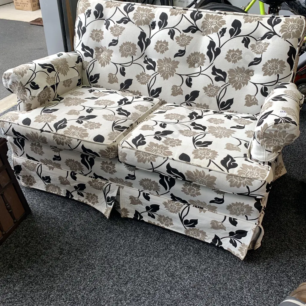 Vintage Style two Seater Couch. Black, fawn and cream patterned fabric. H78 W130 D80 Image 1++