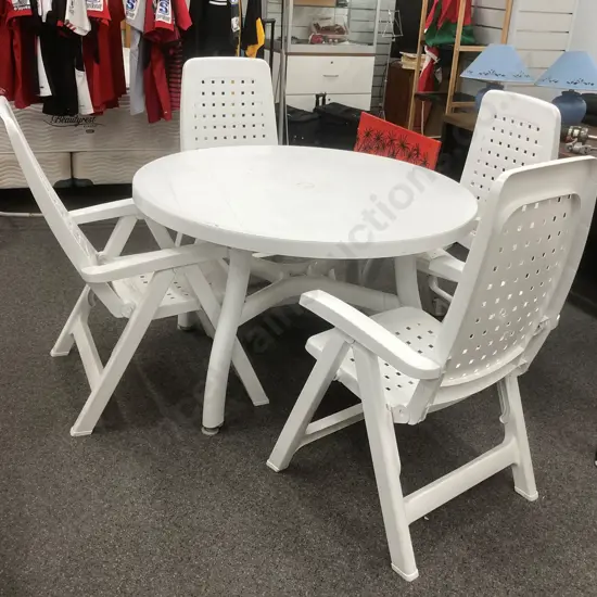 White Italian Made Nardi Colosseo PP Resin 74 x 120cm Round Table, Adj Feet, 4 Maya Scab Multi Adjustable Armed Chairs