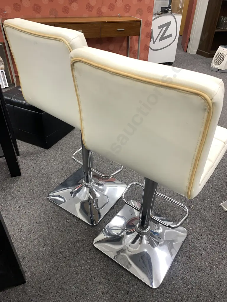Pair of Cream Leather Effect Barstools, Chrome Pedestal Gaslift With a Square Base (As Found) Image 1++