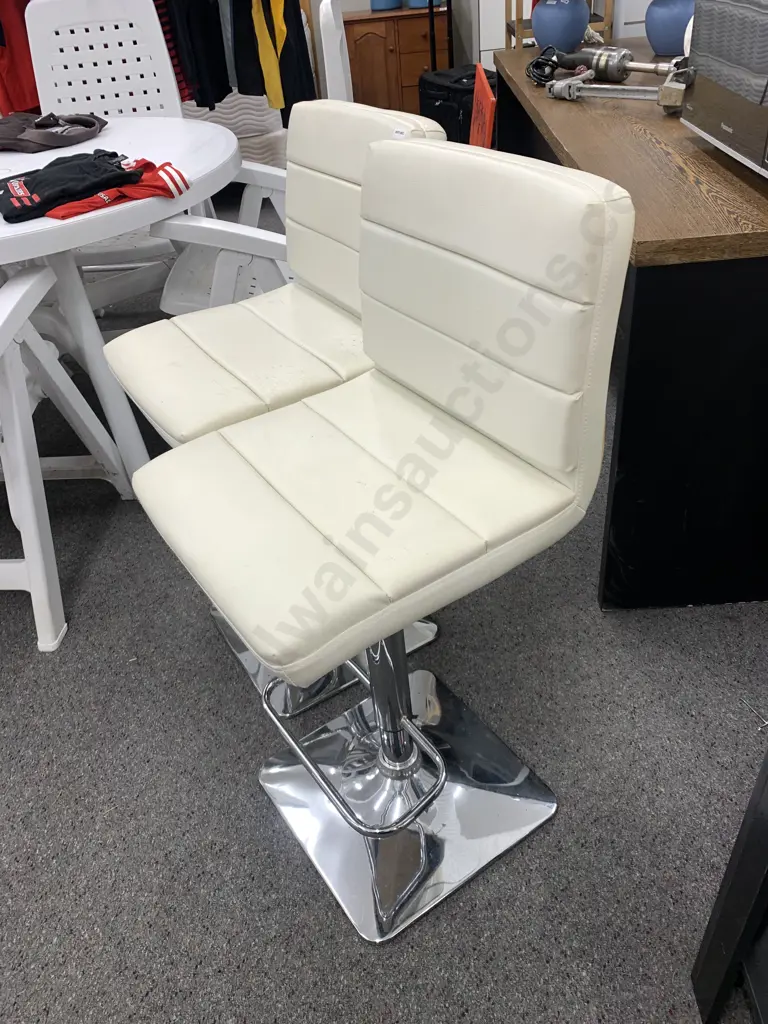Pair of Cream Leather Effect Barstools, Chrome Pedestal Gaslift With a Square Base (As Found) Image 1++