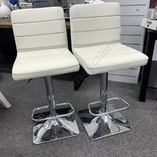 Pair of Cream Leather Effect Barstools, Chrome Pedestal Gaslift With a Square Base (As Found)