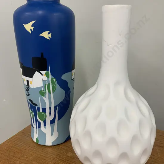 Tall Slender  Vase Blue / Black & White Houses With White Dimple Vase (af to top)