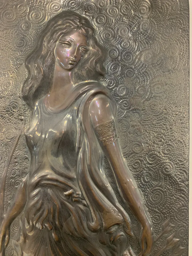 Vintage Brass / Copper? Repousse Relief Woman With Bow & Arrows, 70 x 27cm Image 1++