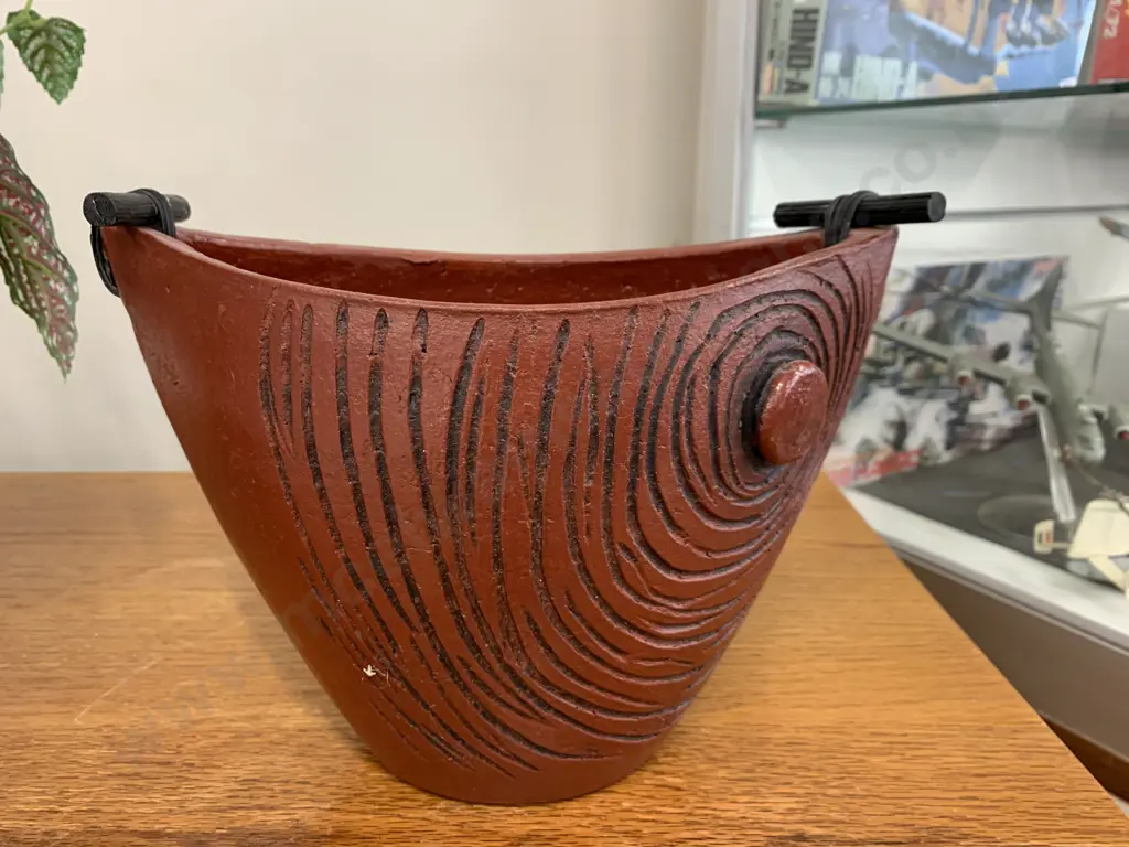 Oval Vase, Brown With Black Swirl And Faux Plant Image 1++