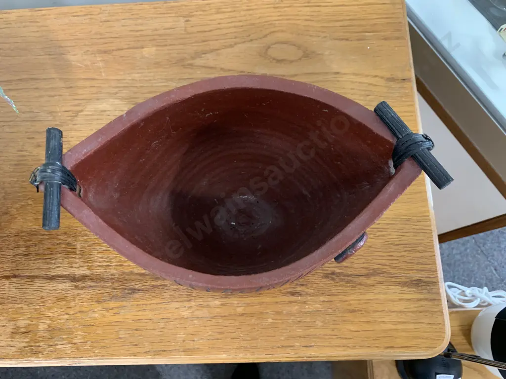 Oval Vase, Brown With Black Swirl And Faux Plant Image 1++