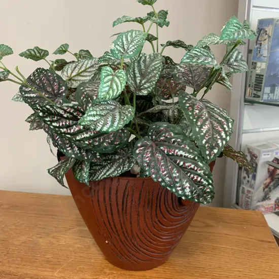Oval Vase, Brown With Black Swirl And Faux Plant