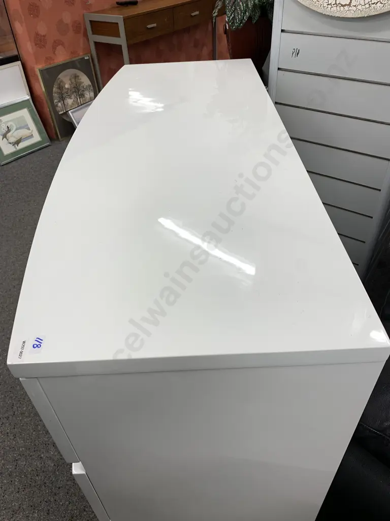 White Lacquered 3 Drawer Lowboy, Curved Front, H81 W110 D44.5cm Image 1++