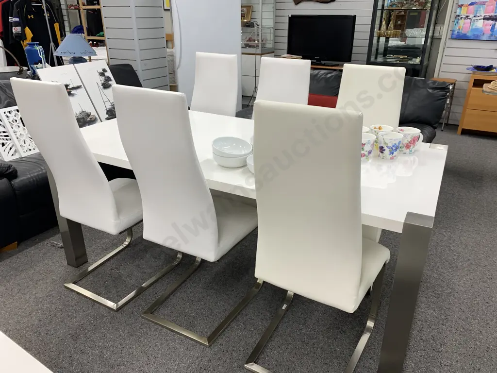 Modernist White Lacquered Rectangular Table & 6 White Leather Effect Chairs With Cantilever Bases Image 1++