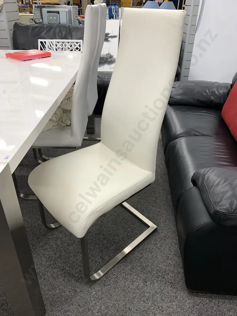 Modernist White Lacquered Rectangular Table & 6 White Leather Effect Chairs With Cantilever Bases Image 1++