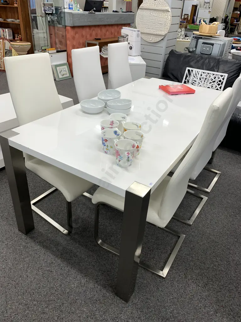 Modernist White Lacquered Rectangular Table & 6 White Leather Effect Chairs With Cantilever Bases Image 1++
