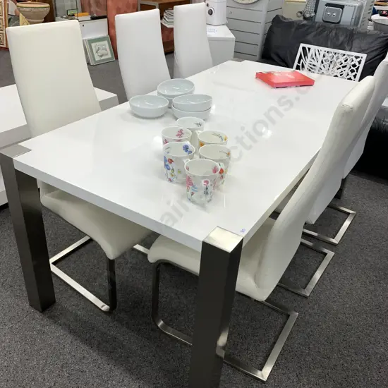Modernist White Lacquered Rectangular Table & 6 White Leather Effect Chairs With Cantilever Bases