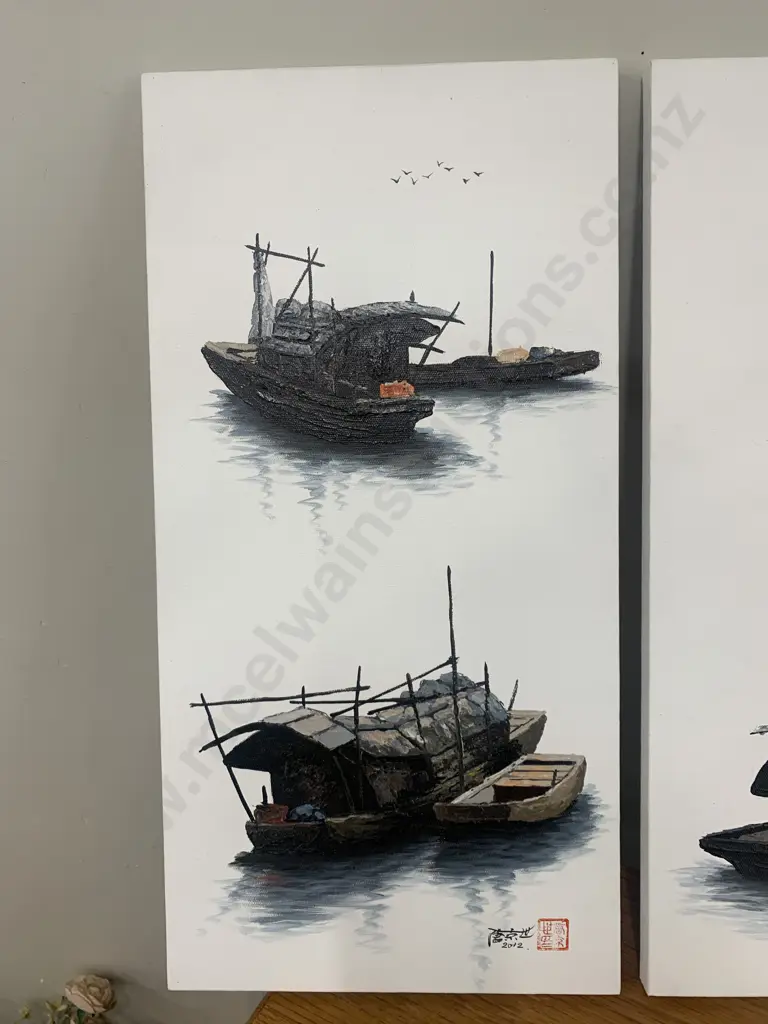 Pair of Pictures on Canvas, Oriental House Boats Image 1++