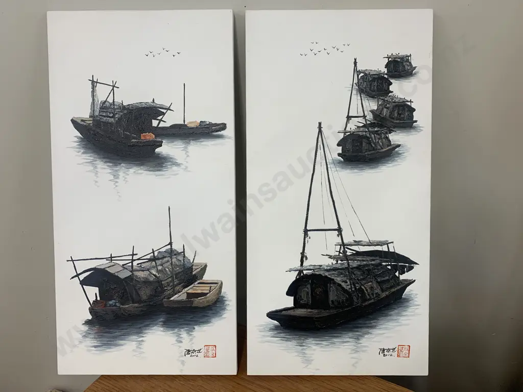 Pair of Pictures on Canvas, Oriental House Boats Image 1++