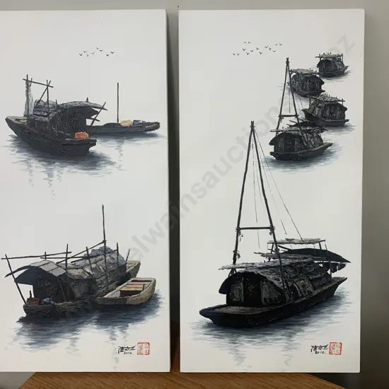 Pair of Pictures on Canvas, Oriental House Boats