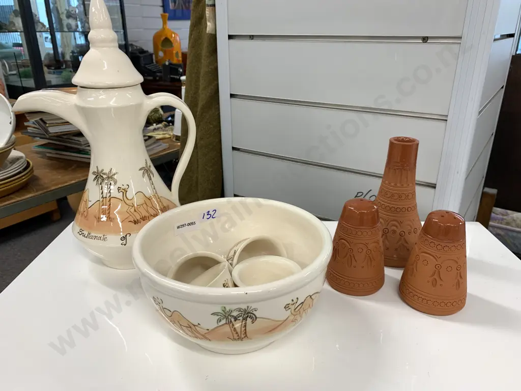 Oman Pottery Teapot, Bowl & Cups With Pottery Condiments Set Image 1++