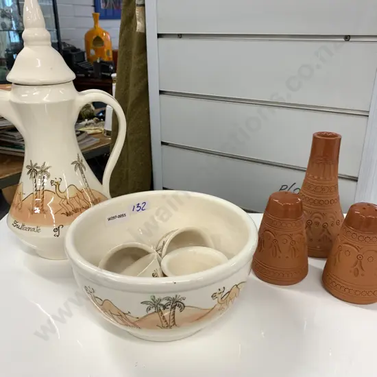 Oman Pottery Teapot, Bowl & Cups With Pottery Condiments Set