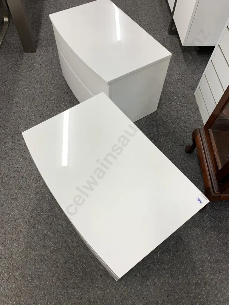 Pair of White Lacquered 2 Drawer Bedside Cabinets, Curved Front, H42 W60 D40cm Image 1++
