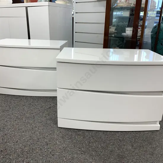 Pair of White Lacquered 2 Drawer Bedside Cabinets, Curved Front, H42 W60 D40cm