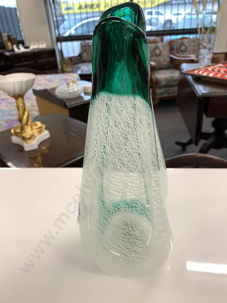 Stunning Vase, Italian Murano? Green Internally Decorated White Detail, 31 x 18cm Image 1++