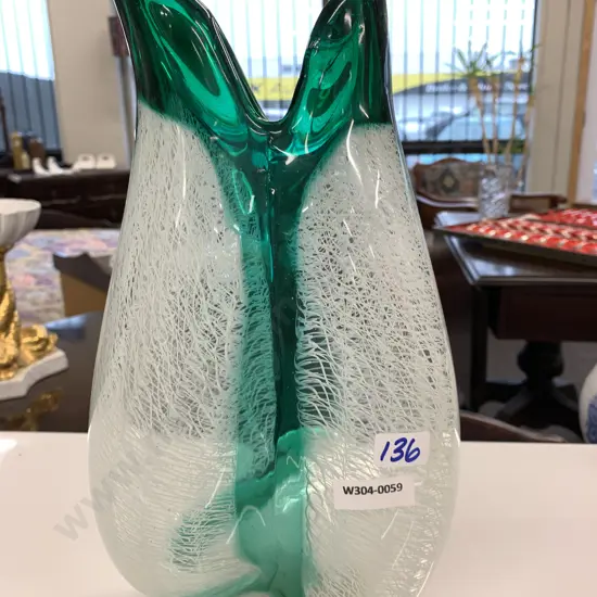 Stunning Vase, Italian Murano? Green Internally Decorated White Detail, 31 x 18cm
