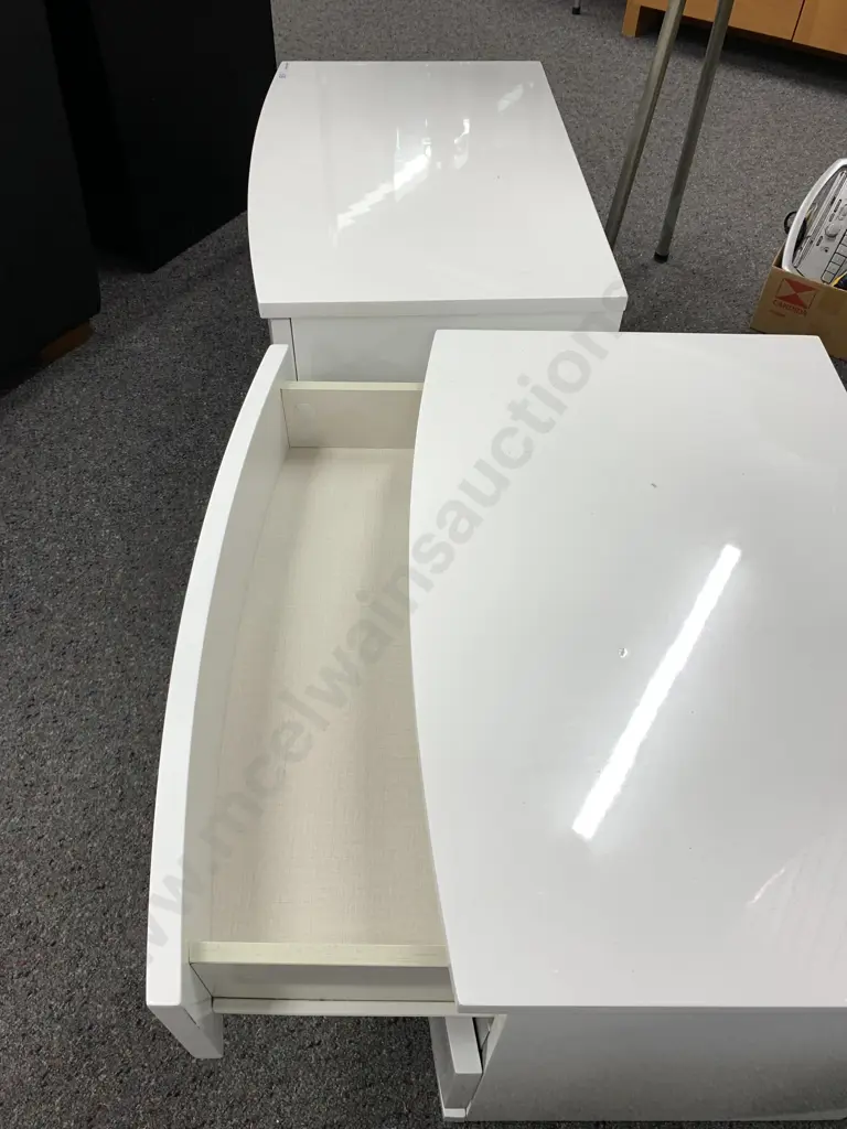 Pair of White Lacquered 2 Drawer Bedside Cabinets, Curved Front, H42 W60 D40cm Image 1++