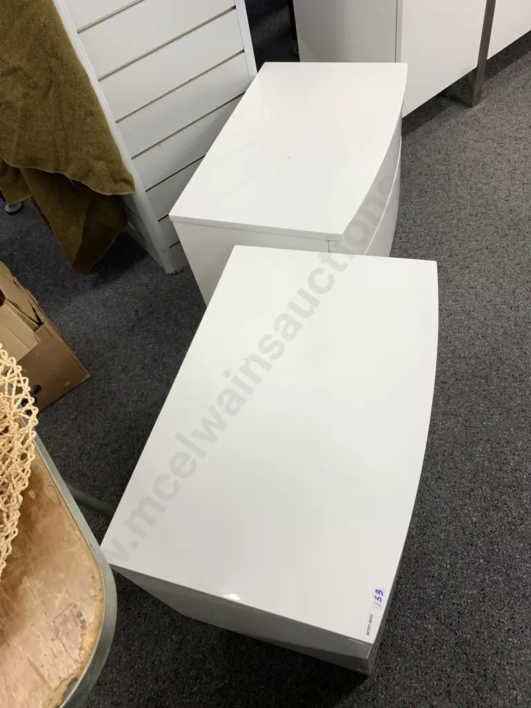 Pair of White Lacquered 2 Drawer Bedside Cabinets, Curved Front, H42 W60 D40cm Image 1++