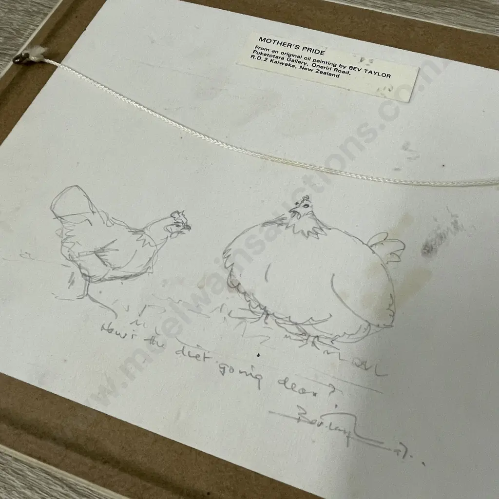 Bev Taylor Signed Pencil Sketch on back of Mother's Pride Print. "Hows the Diet going Dear?" Image 1++